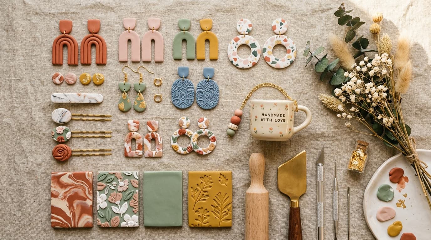 Flatlay of colorful handmade polymer clay jewelry, hair accessories, charms, and clay tools
